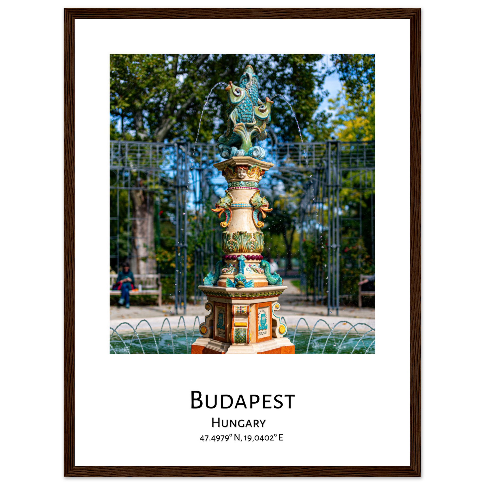 Personalised framed Budapest poster - Zsolnay fountain by Istvan Maar Photography - dark wood frame - close-up