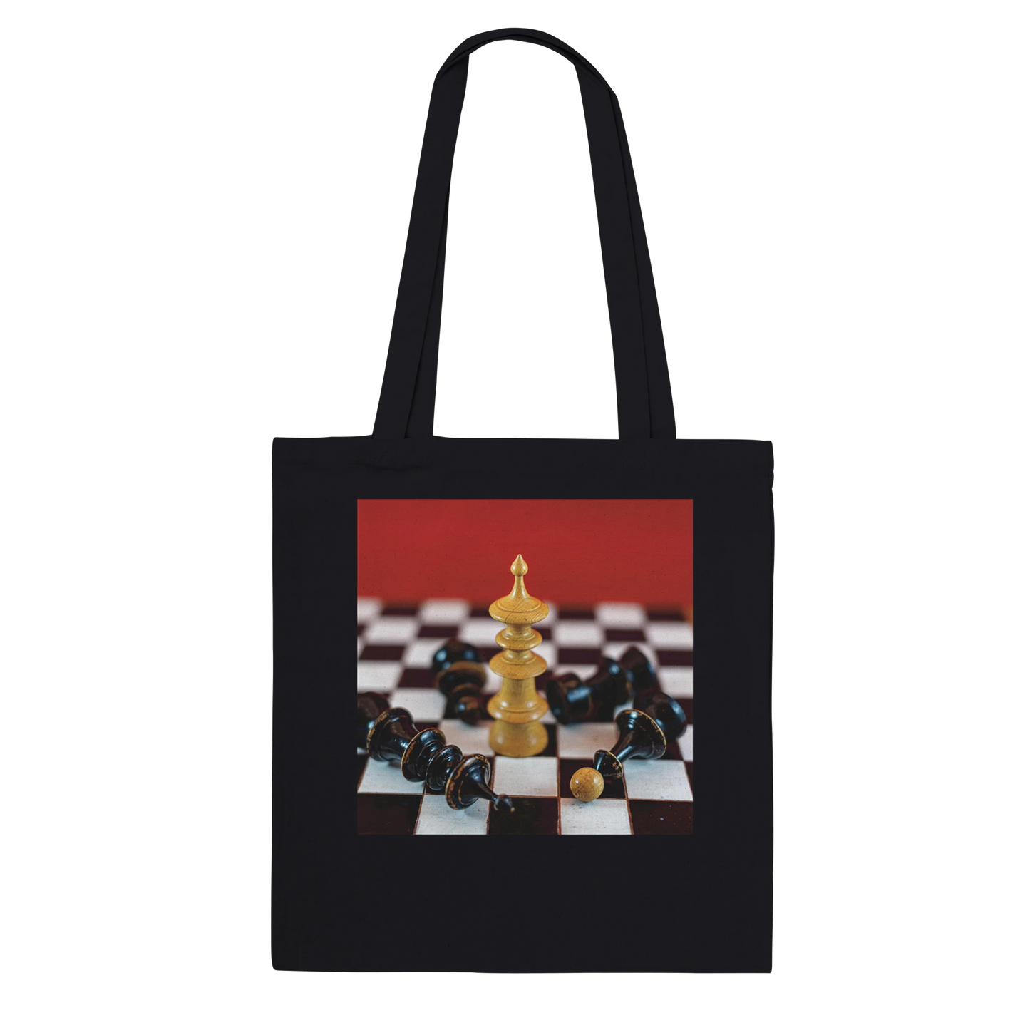 Vienna Chess Set Tote Bag Black Classic – dramatic chess queen victory photo on canvas tote