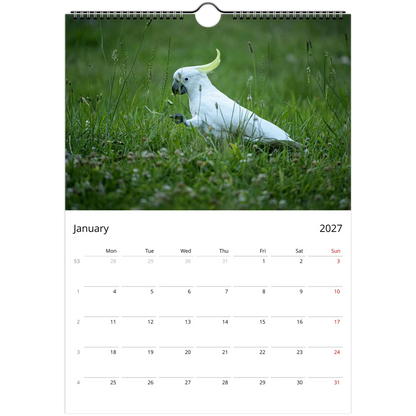 Cockatoos Wall Calendar – open calendar view with cockatoo detail