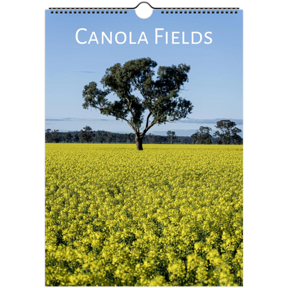 A hanging wall calendar or poster featuring a canola field landscape with a single tree under a blue sky, with the title 'CANOLA FIELDS' printed at the top.