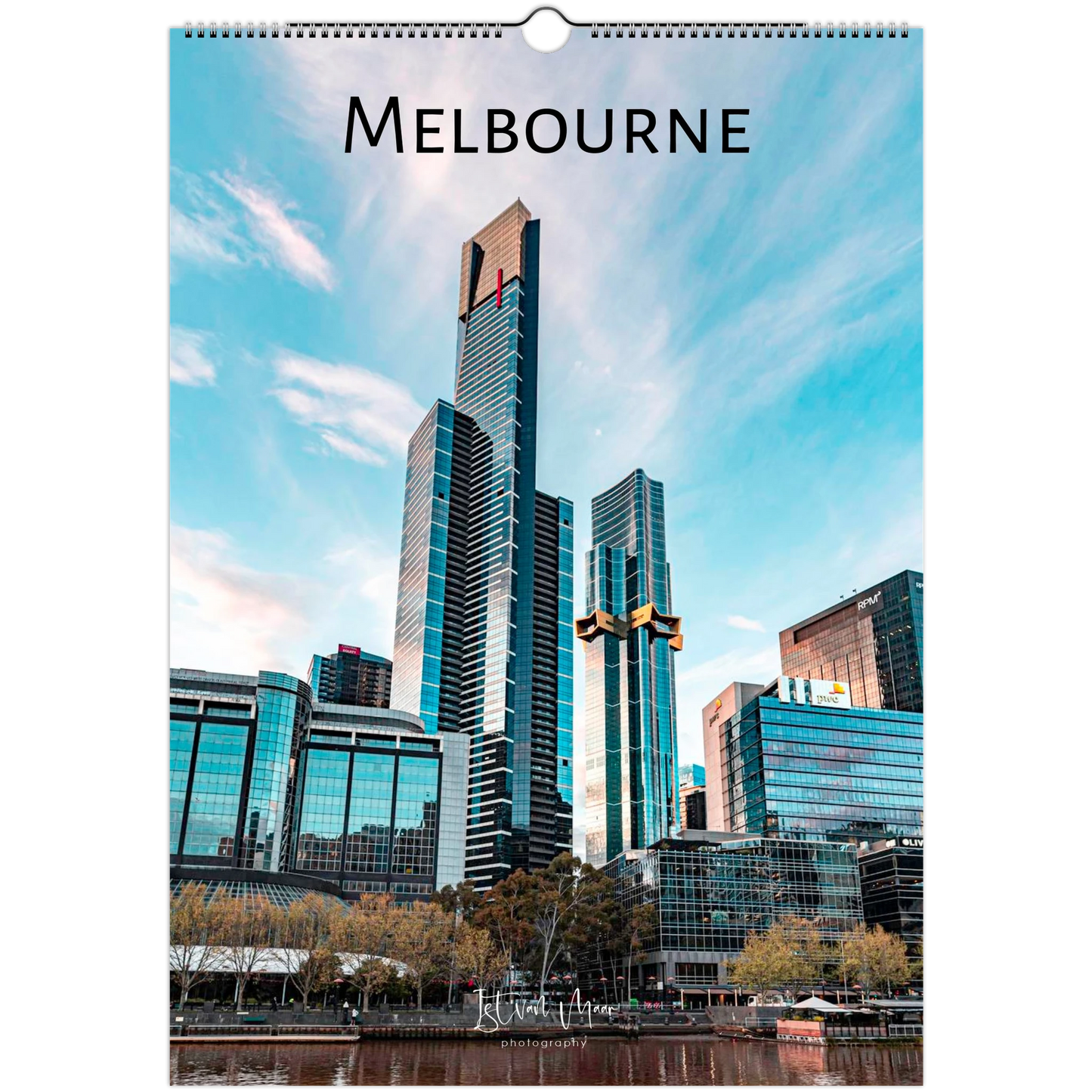 Calendar cover featuring a cityscape with tall buildings and the word 'Melbourne' at the top.