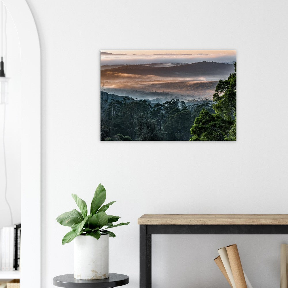 Misty Mountain Ash Foggy Forest Canvas - living room 