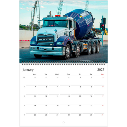 Cement Mixer Wall Calendar – monthly spread with construction vehicle photography