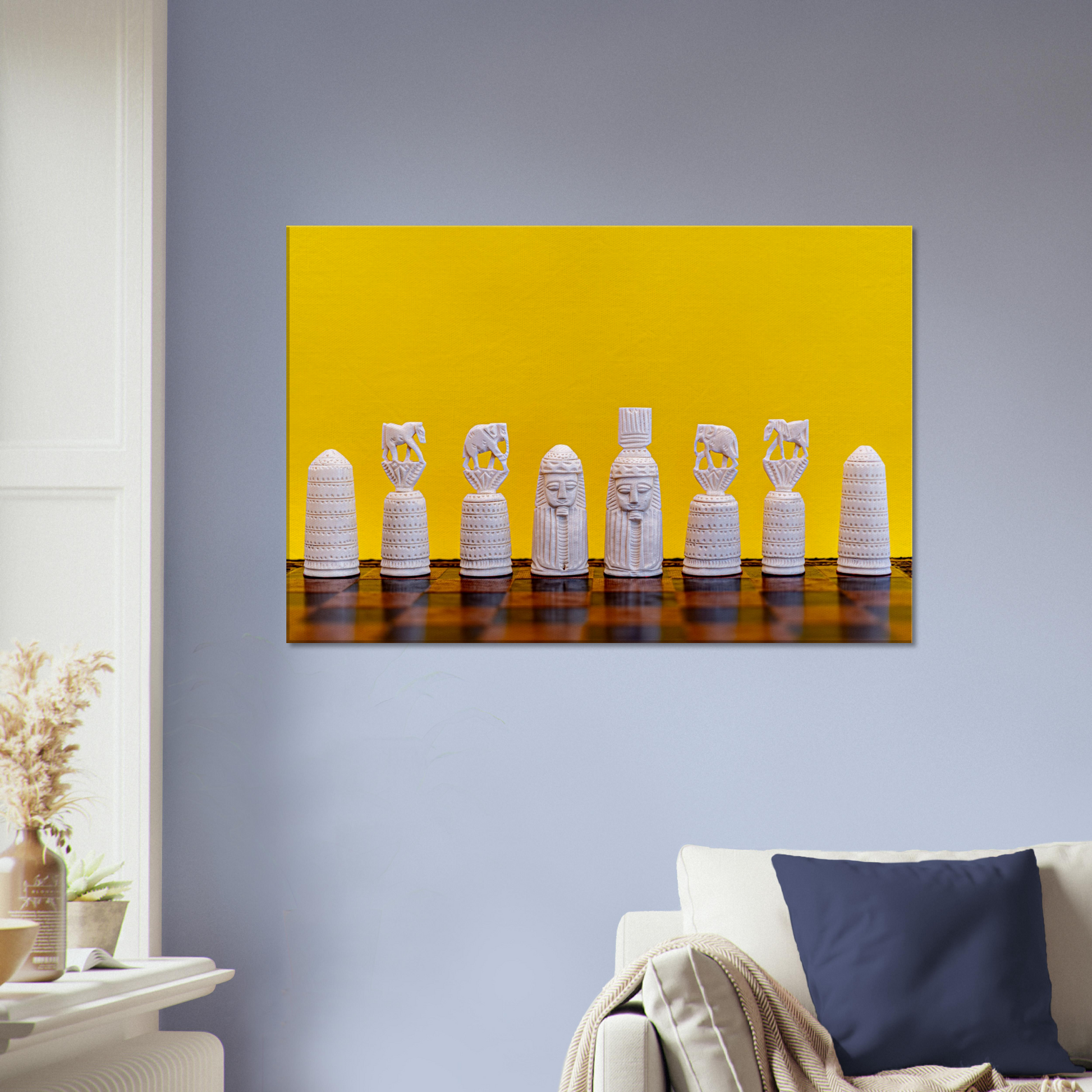 Bone Chessmen Canvas with yellow background by Istvan Maar Photography - living room