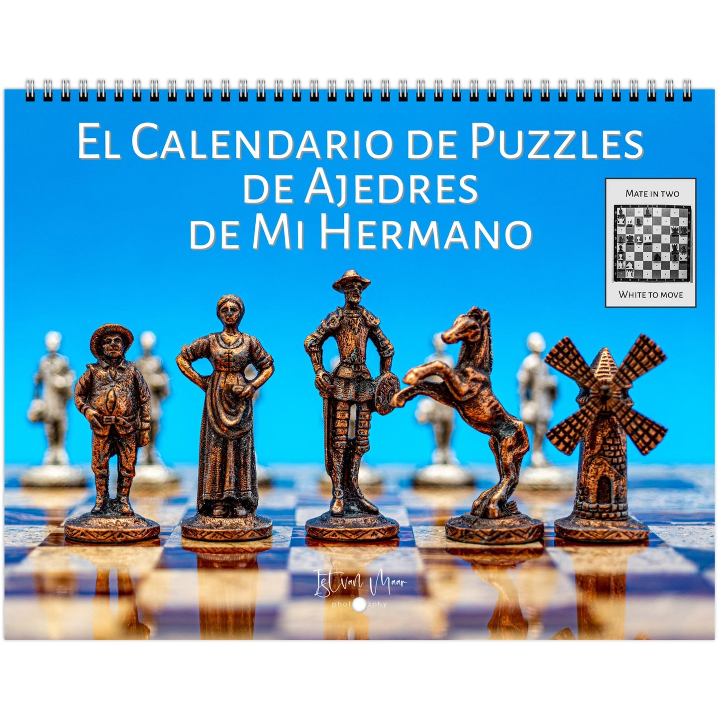 2025 Chess Wall Calendar by Istvan Maar Photography featuring stunning global chess set images and challenging puzzles.