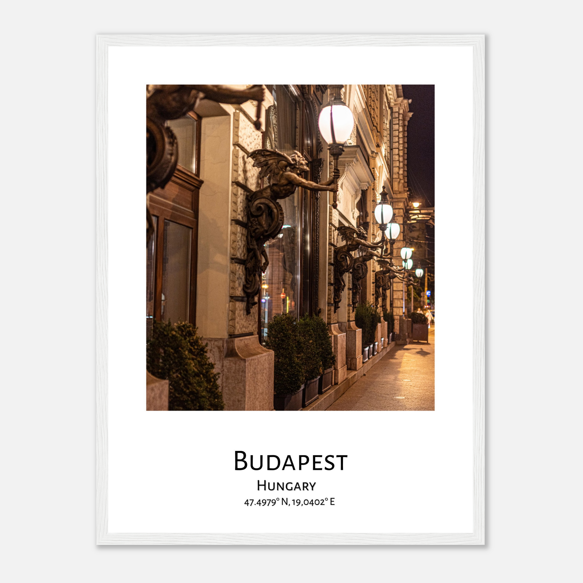 Personalized framed Budapest travel poster - Street of Budapest - white frame - close-up