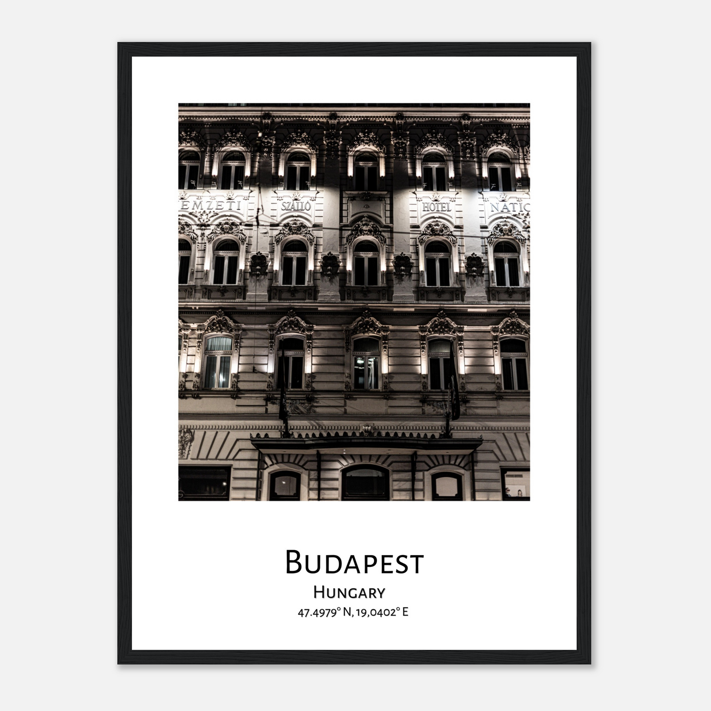 Personalized framed Budapest travel poster - Hotel National in Budapest - dark wood frame - close-up