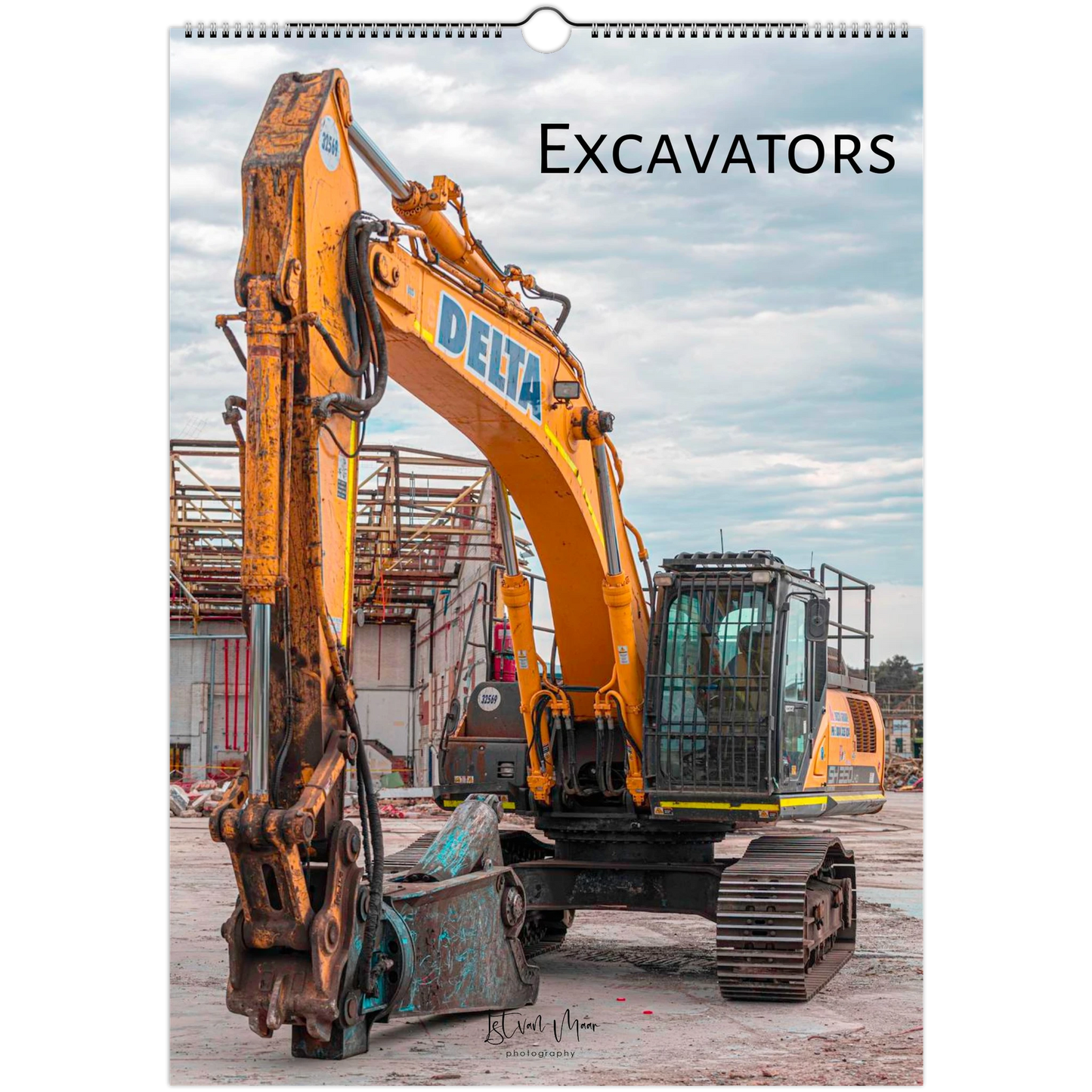 Calendar cover featuring a yellow excavator with 'Delta' branding on a construction site.