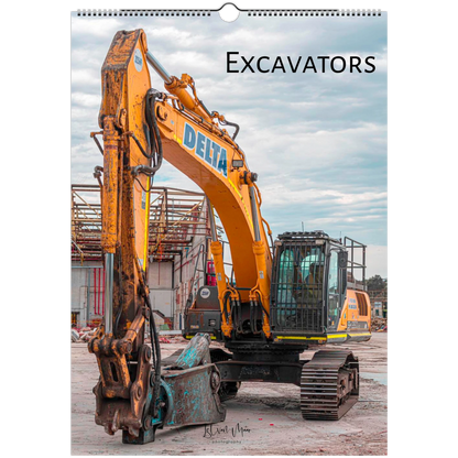 Calendar cover featuring a yellow excavator with 'Delta' branding on a construction site.