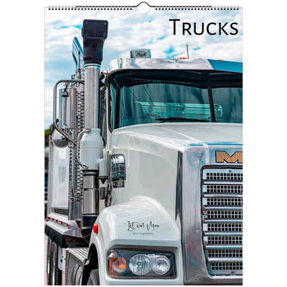 Calendar cover featuring a large truck with 'Trucks' text at the top. Available in A4, A3, LT or Ledger sizes. Ships worldwide.