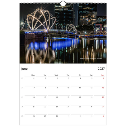 2027 Bridges Wall Calendar – open calendar view with bridge architecture detail