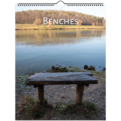A spiral-bound wall calendar or print featuring a rustic wooden bench in the foreground of a calm lake scene, with the word 'BENCHES' printed across the top. Wall calendar is available in A4, A3, LT and Ledger US sizes. Ship worldwide.