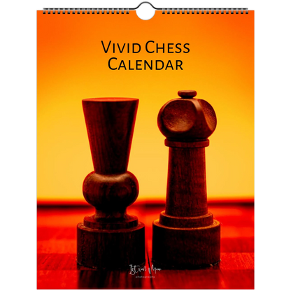 A hanging wall calendar titled 'VIVID CHESS CALENDAR' with a warm orange and yellow gradient cover showing two dark wooden chess pieces on a red tabletop. The spiral binding is visible at the top, and the product is photographed against a white background.