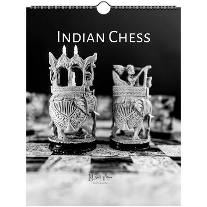A black and white wall calendar featuring a photograph of ornate Indian chess pieces on a chessboard, with the title 'INDIAN CHESS' at the top.