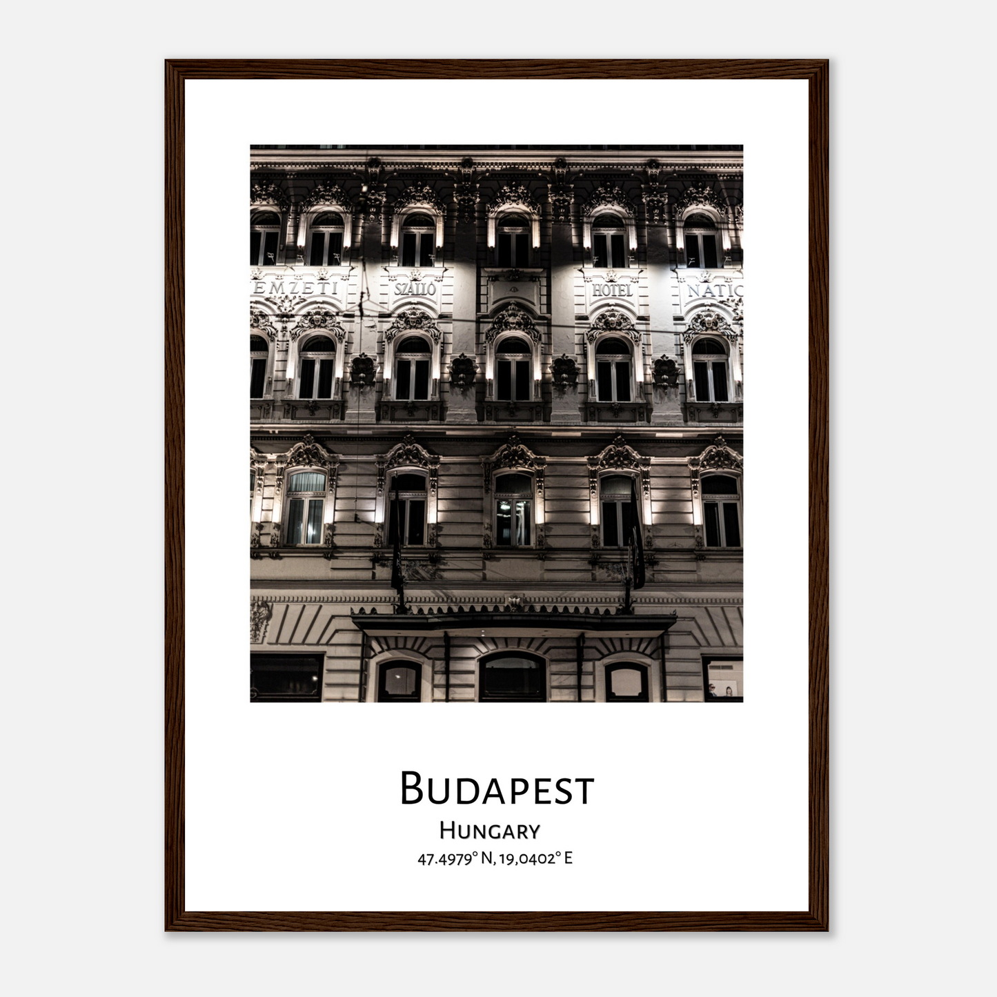 Personalized framed Budapest travel poster - Hotel National in Budapest - black frame - close-up