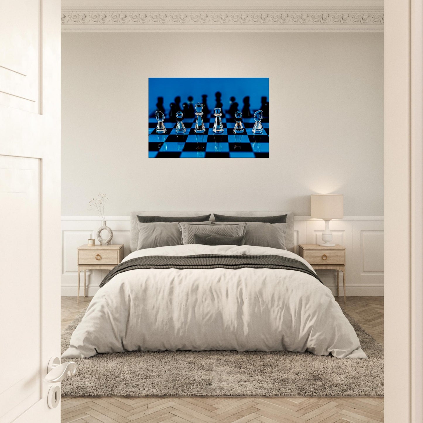 Swarovski Crystal Chess Set Canvas by Istvan Maar Photography, blue background - master bedroom