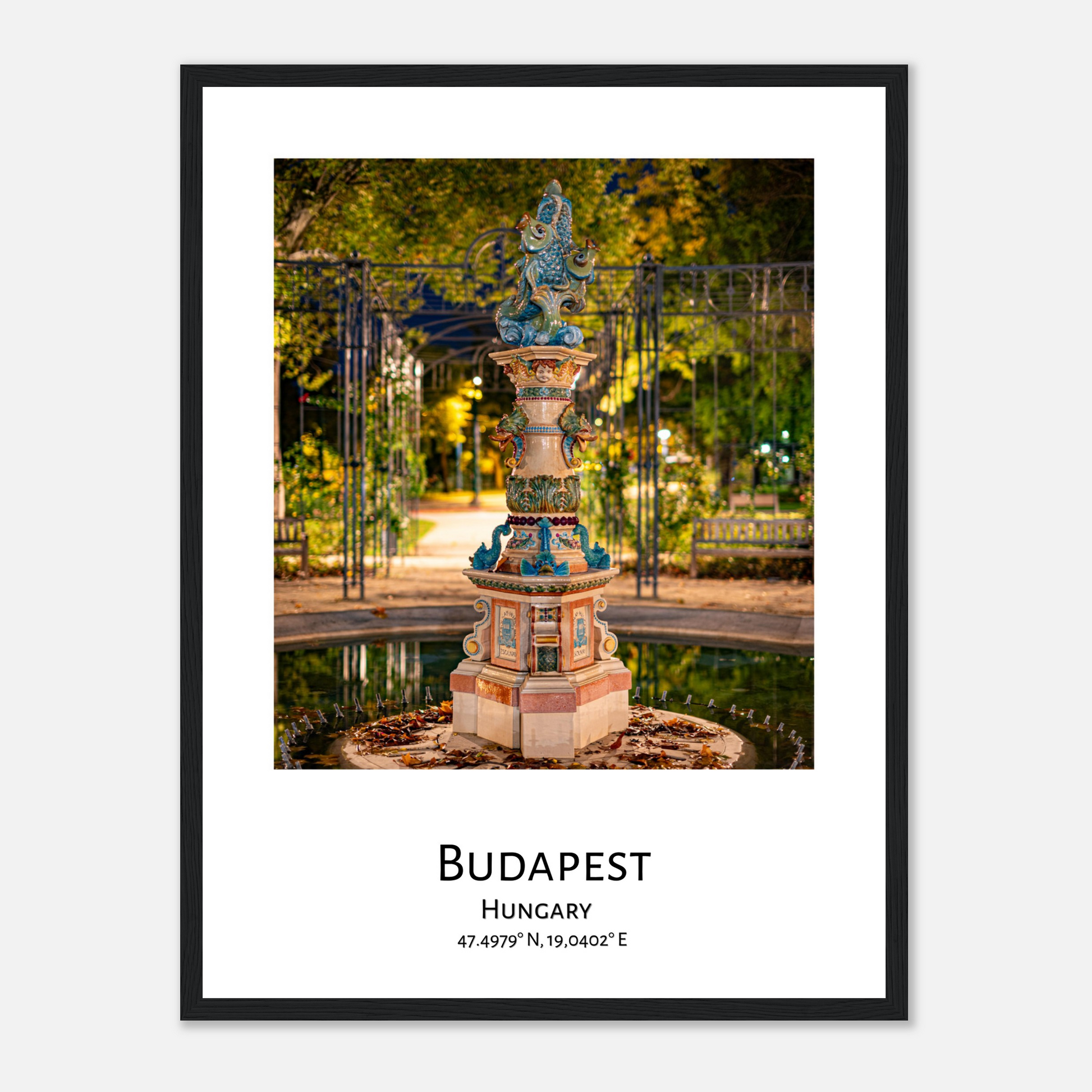 Personalised framed Budapest poster - Zsolnay fountain - black frame - close-up