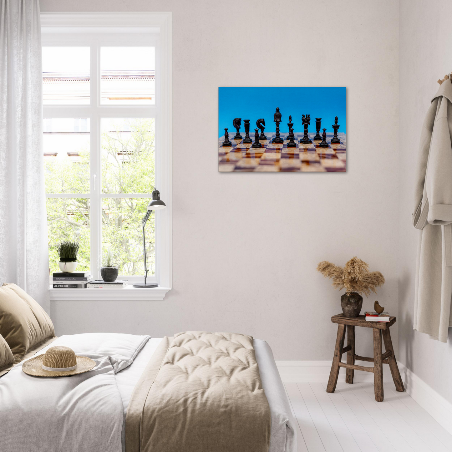 Wooden Chess Set Canvas with blue background by Istvan Maar Photography - bedroom