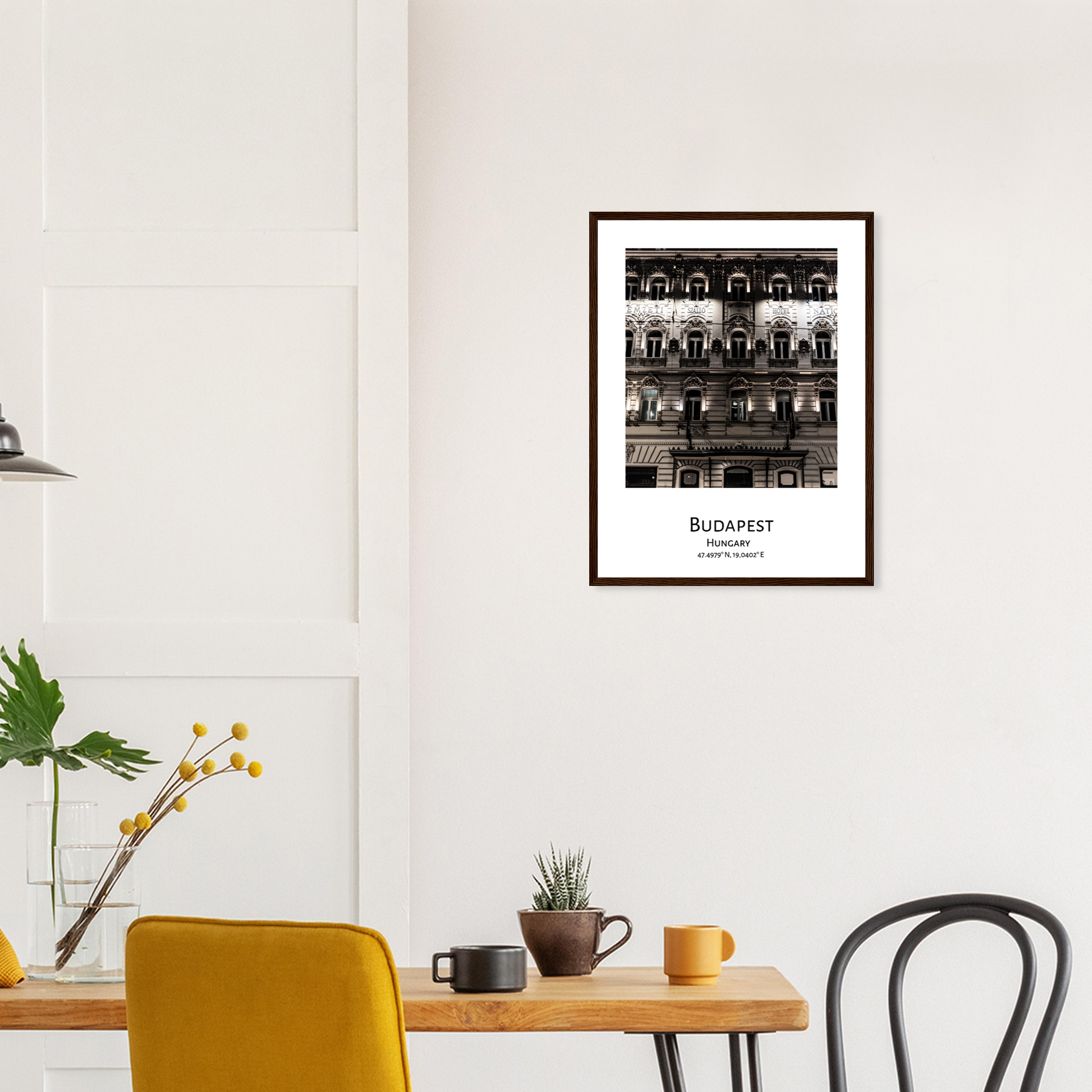 Personalized framed Budapest travel poster - Hotel National in Budapest - black frame - dining room