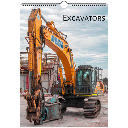 A spiral-bound wall calendar page featuring a large photograph of a yellow Delta excavator at a construction site, with the word 'Excavators' printed at the top.