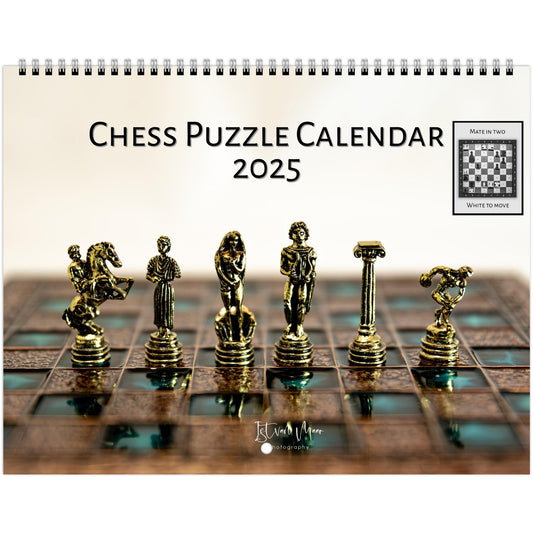 Personalised 2025 Chess Wall Calendar by Istvan Maar Photography featuring global chess sets and monthly chess puzzles, vibrant imagery in English for US and canada Market