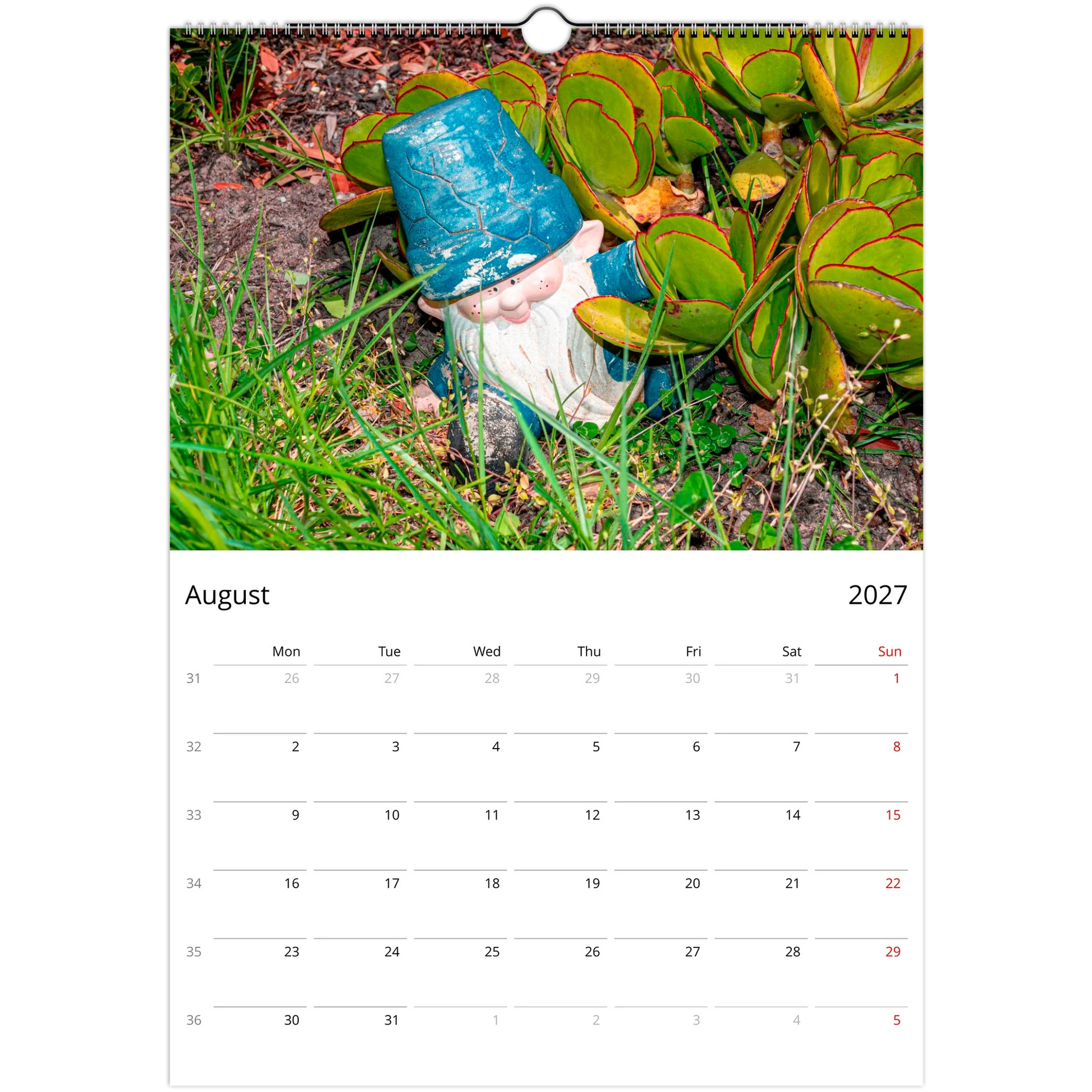 2027 Gnomes Wall Calendar - open calendar view with gnome detail