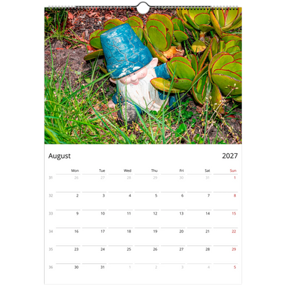 2027 Gnomes Wall Calendar - open calendar view with gnome detail