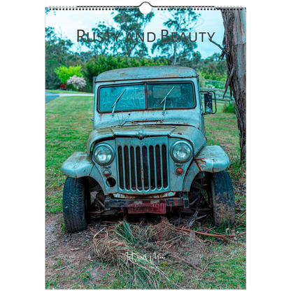 Calendar cover featuring an old, rusted jeep in a natural setting with the title 'Rusty and Beauty'.