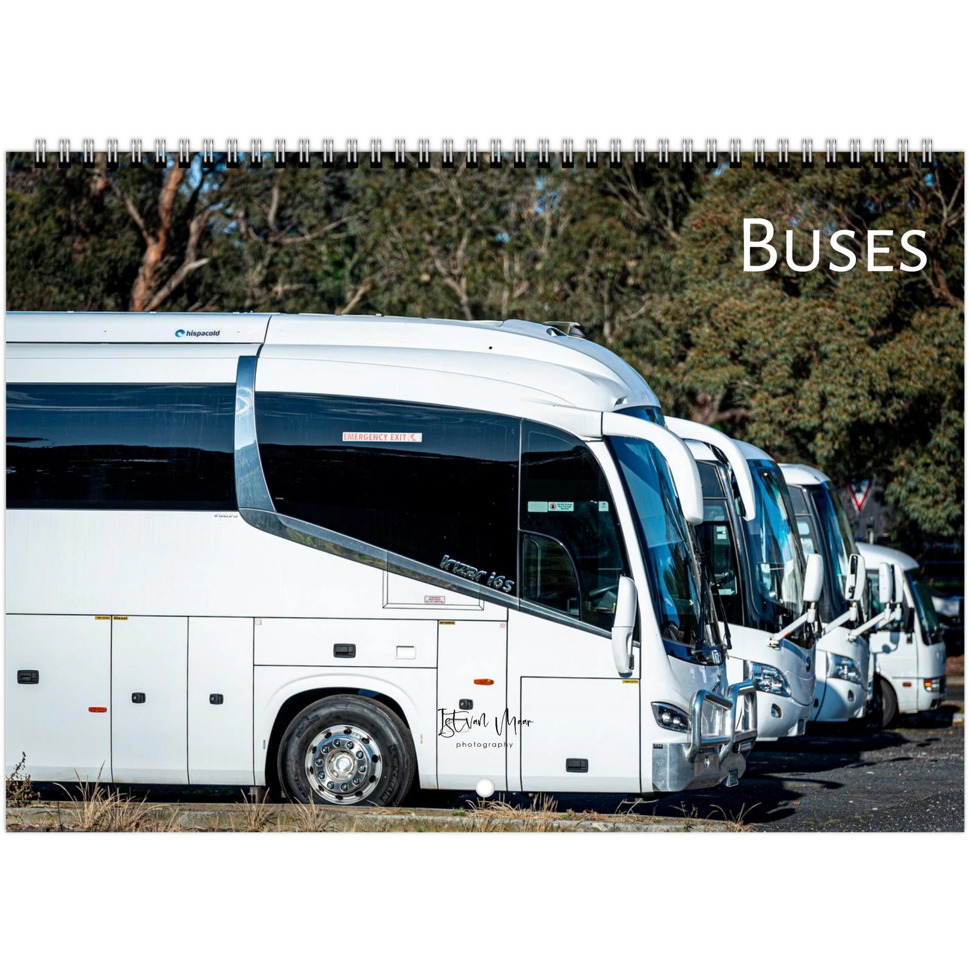 White buses waiting for the next tour. Calendar cover by Istvan Maar Photography. Shipping worldwide.