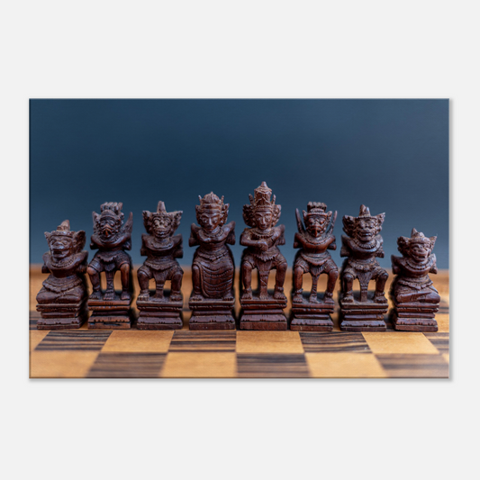 Hand Carved Wooden Chess Set Wall Art Canvas by Istvan Maar Photography - close-up