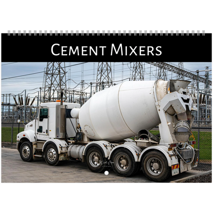 Cement mixer truck with power lines in the background