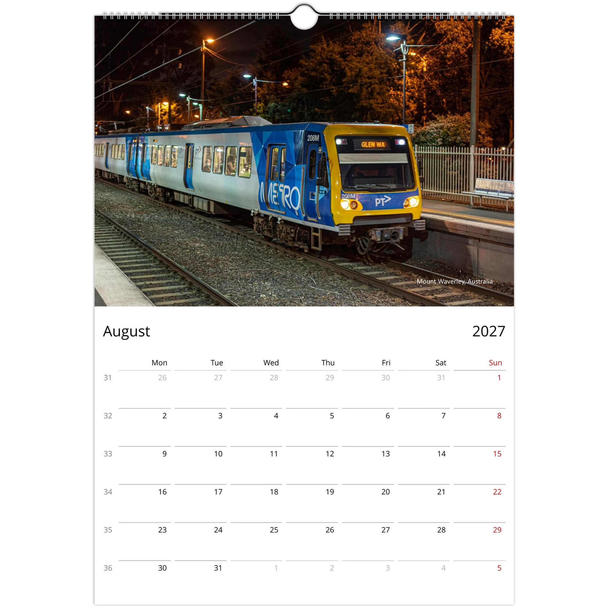 2027 Train Wall Calendar – monthly spread with vintage train photography