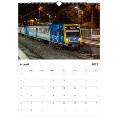 2027 Train Wall Calendar – monthly spread with vintage train photography