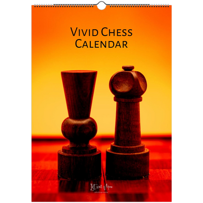 Vivid Chess Calendar with two wooden chess pieces on an orange background