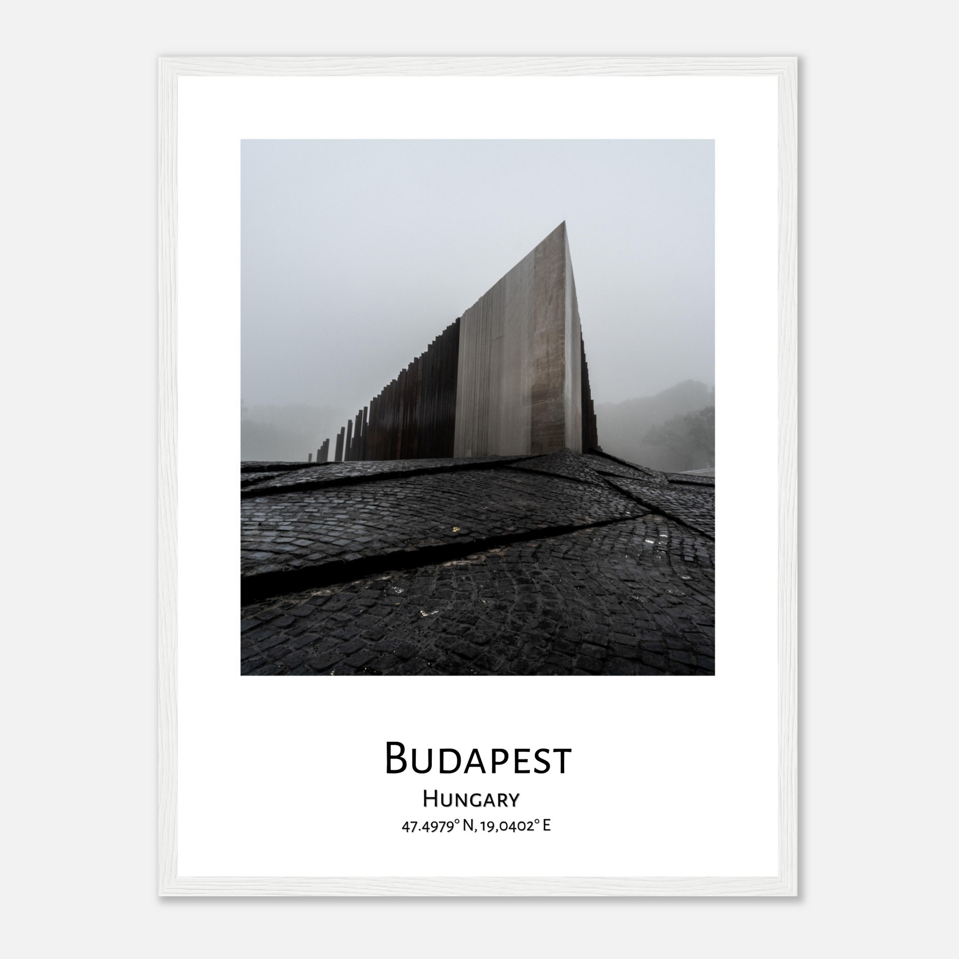 Personalised framed Budapest poster by Istvan Maar Photography - Central Memorial Uprising 1952 - white frame close-up