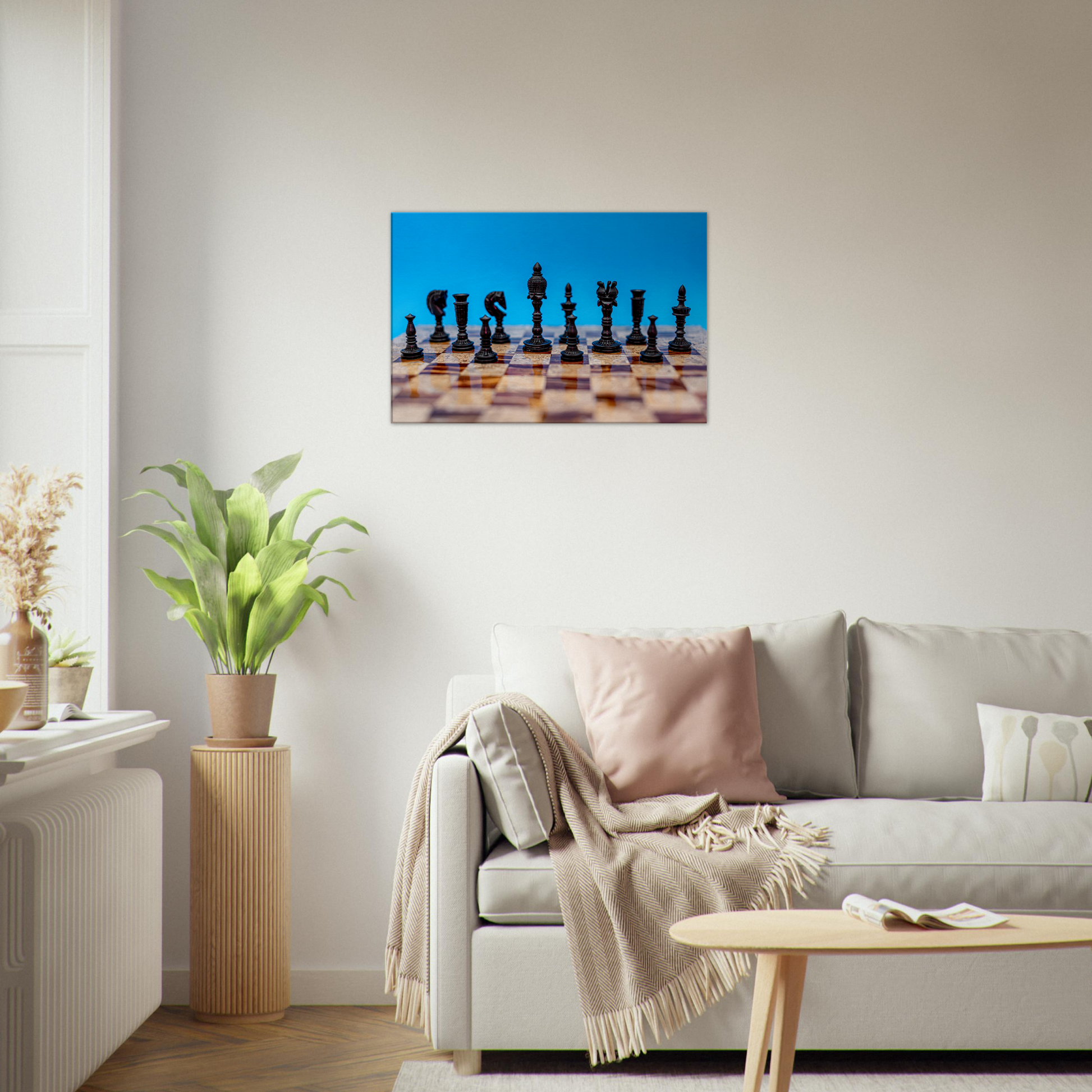 Wooden Chess Set Canvas with blue background by Istvan Maar Photography - living room with sofa