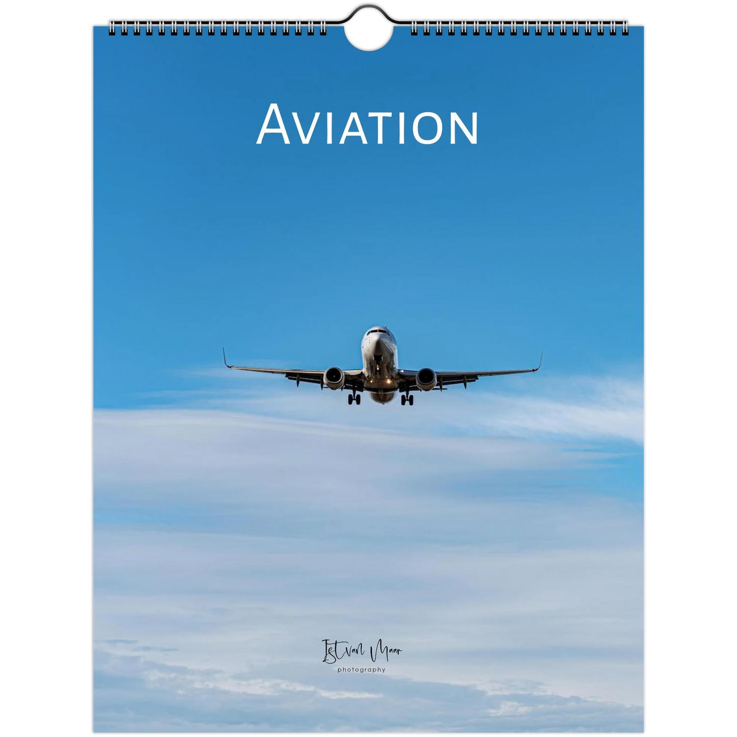 A spiral-bound wall calendar or print titled 'AVIATION' featuring a photograph of an airplane flying through a blue sky with light clouds. The word 'AVIATION' appears in large white letters at the top, and a small signature/brand mark is visible near the bottom.