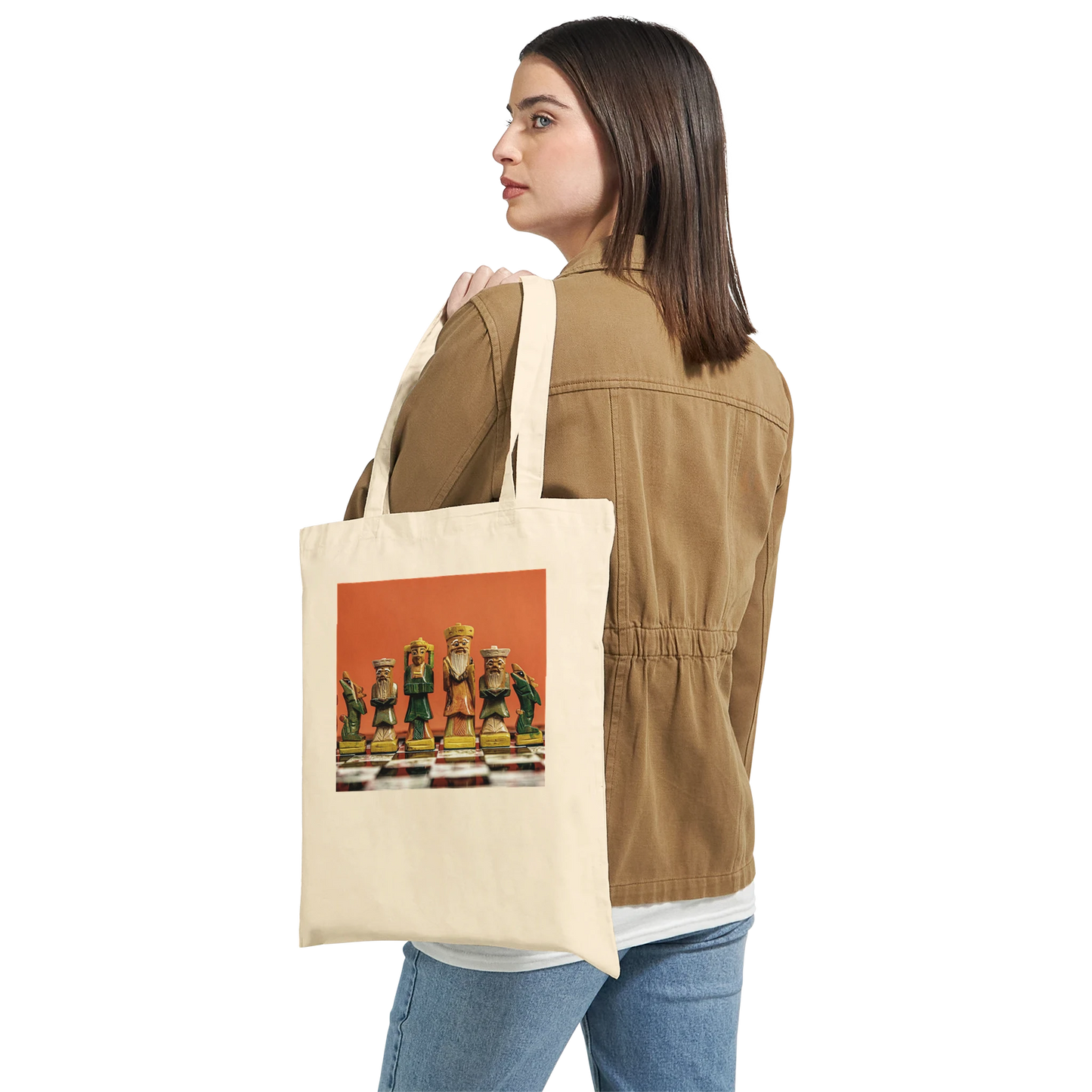 Woman carrying natural canvas chess tote bag – personalised hand painted chess set design by Istvan Maar Photography