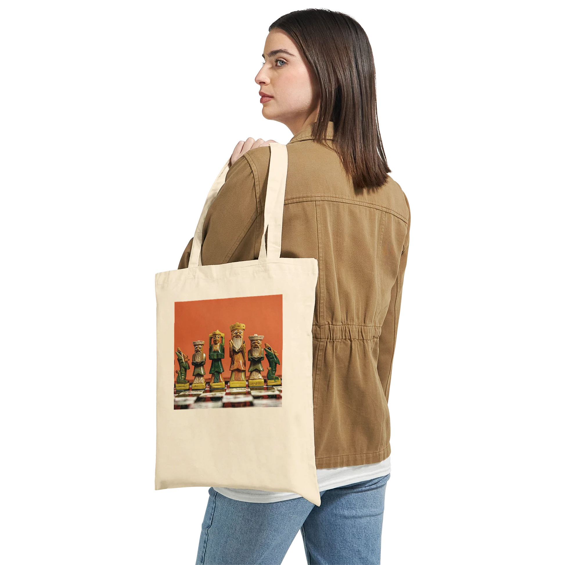 Woman carrying natural canvas chess tote bag – personalised hand painted chess set design by Istvan Maar Photography