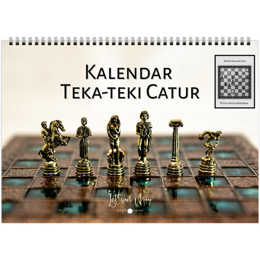 2025 Chess Wall Calendar by Istvan Maar Photography featuring global chess sets and monthly chess puzzles, vibrant imagery in Malay