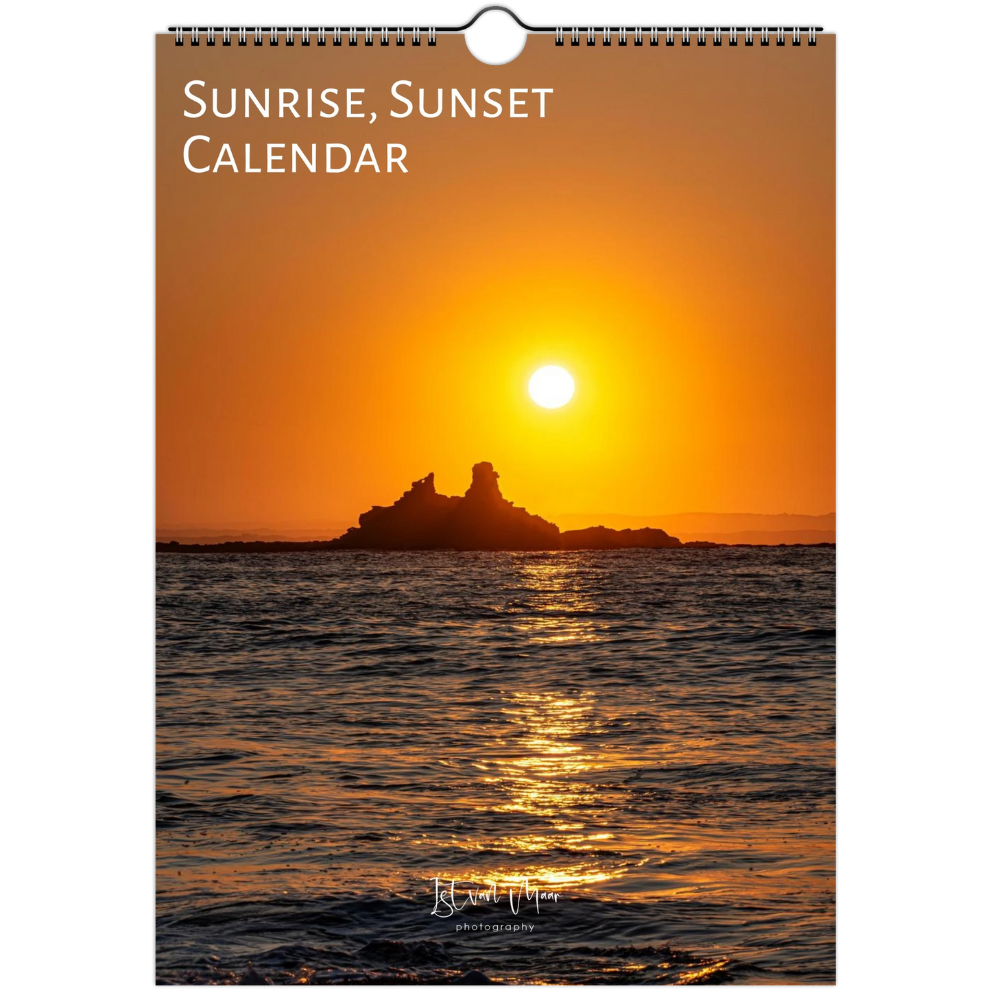 Calendar cover with a sunset over water and island, labeled 'Sunrise, Sunset Calendar'.