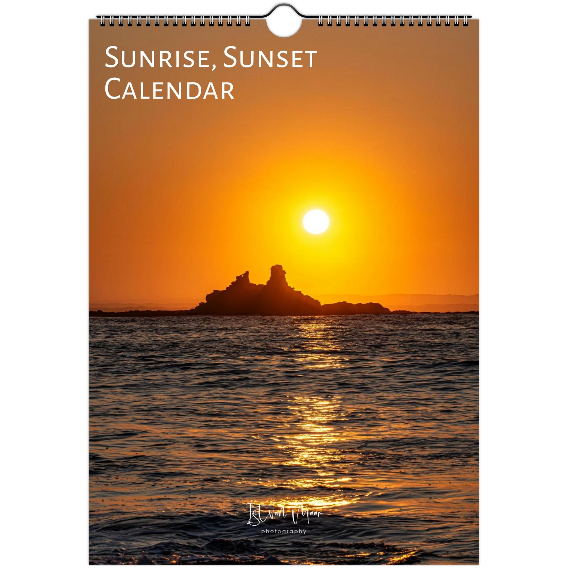 Calendar cover with a sunset over water and island, labeled 'Sunrise, Sunset Calendar'.