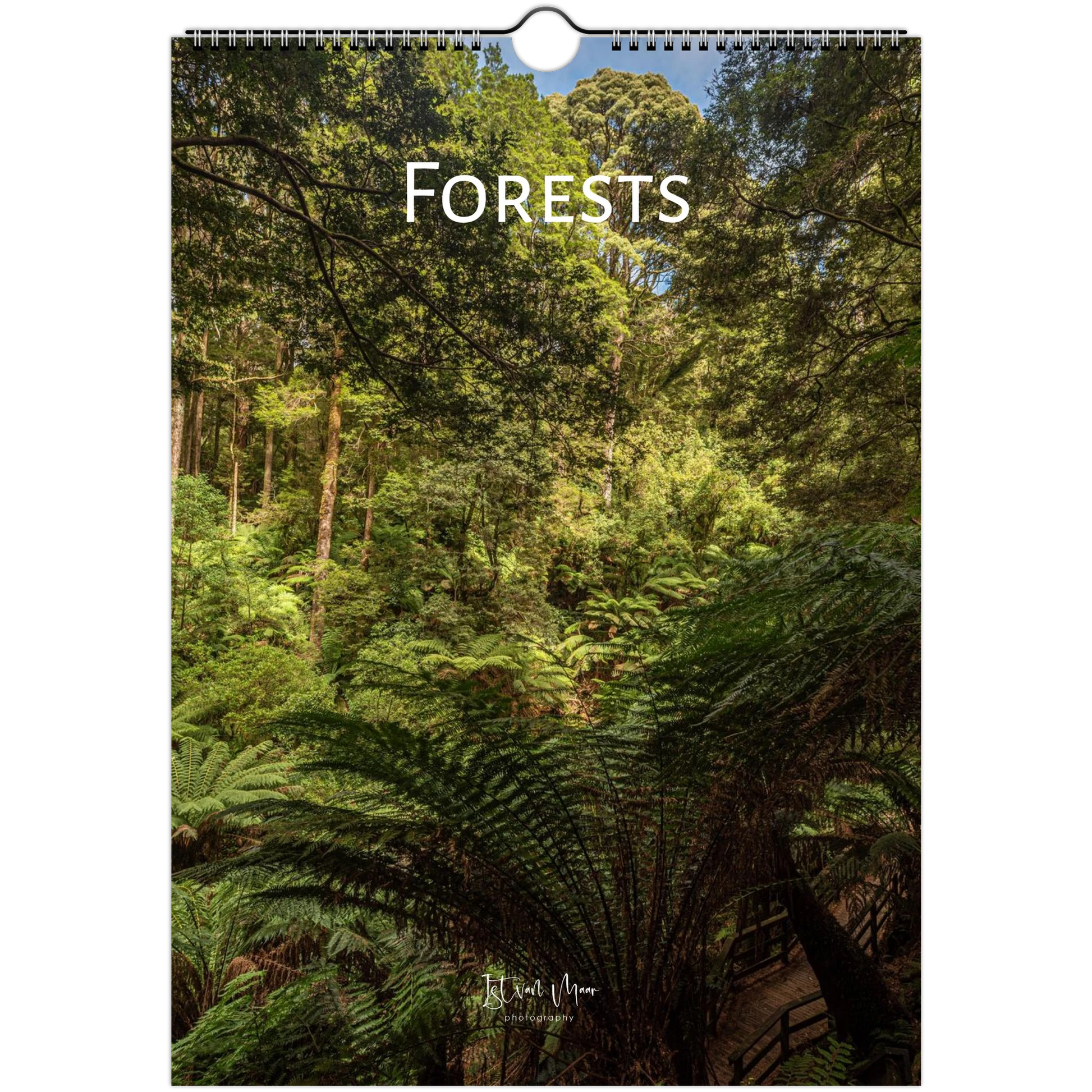 A spiral-bound wall calendar titled 'FORESTS' featuring a lush green forest scene with ferns and tall trees. The calendar is shown against a plain white background.