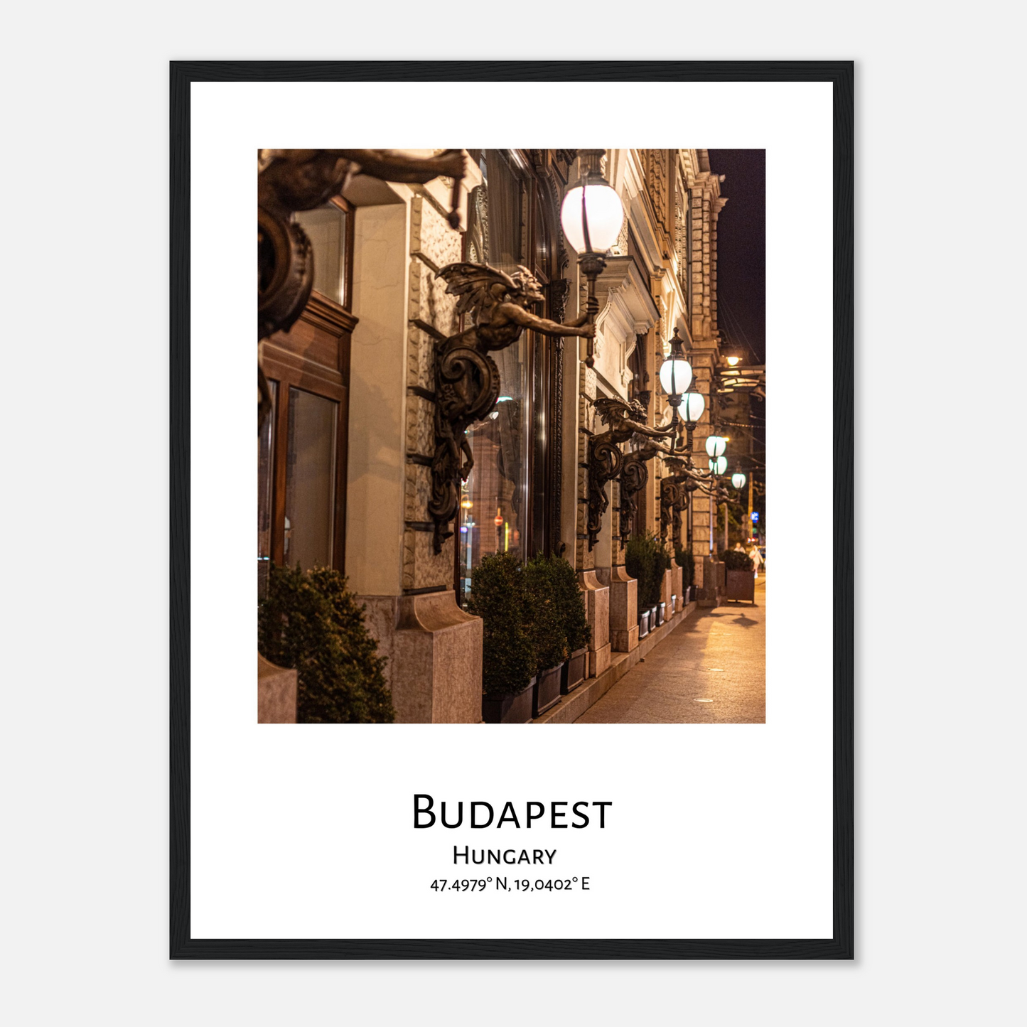 Personalized framed Budapest travel poster - Street of Budapest - black frame - close-up