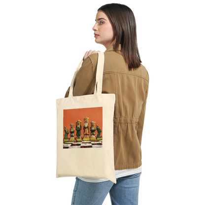 Woman carrying natural canvas chess tote bag – close-up lifestyle shot of personalised chess gift tote