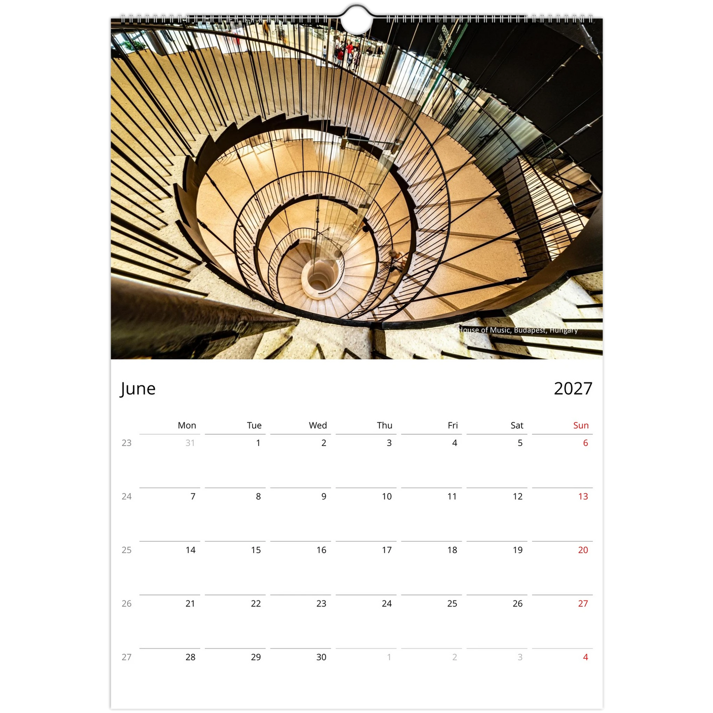 2027 Stairways Wall Calendar - product packaging and spiral binding detail