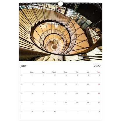 2027 Stairways Wall Calendar - product packaging and spiral binding detail