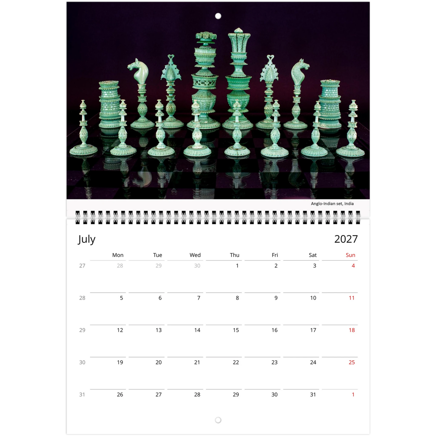 2027 Chess Wall Calendar interior page — marble chess set