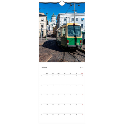 2027 Helsinki Slim Wall Calendar - open calendar view with architectural detail