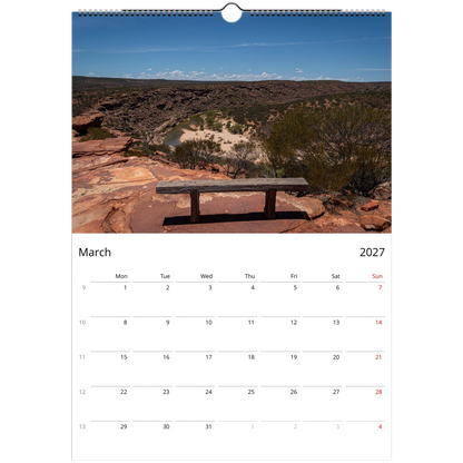 2027 Benches Wall Calendar - open calendar view with bench detail